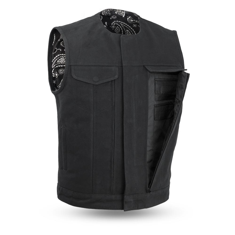 Fairfax V2 Men's Motorcycle Vest made from durable 20oz canvas with multiple pockets and stylish black bandanna liner.