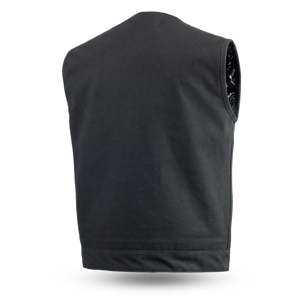 Fairfax V2 Men's Motorcycle Vest made from durable 20oz canvas with multiple pockets and stylish black bandanna liner.