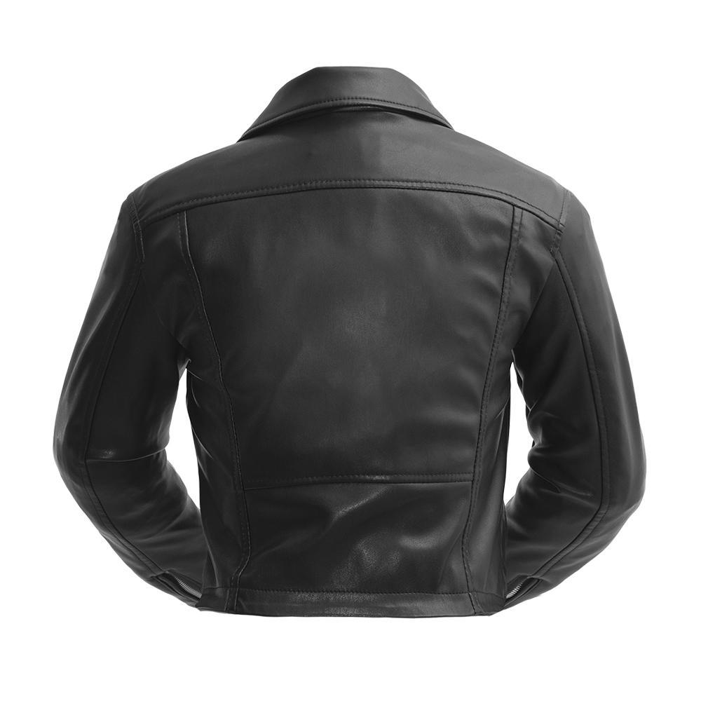 Fatale Women's Vegan Leather Jacket featuring a cropped fit, asymmetrical zipper, and two zippered pockets in a stylish motorcycle design.