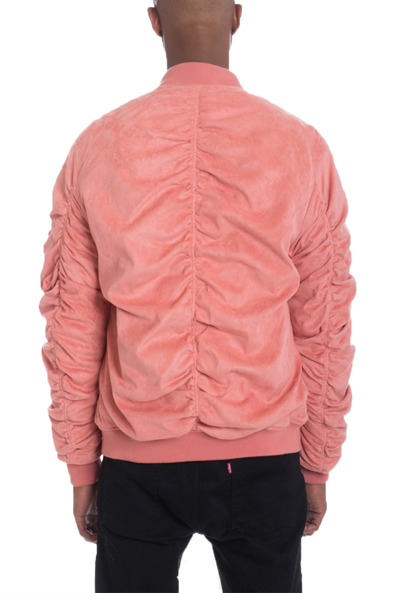 A stylish faux suede bomber jacket featuring ribbed cuffs, a neckline, and two side pockets, perfect for casual wear.