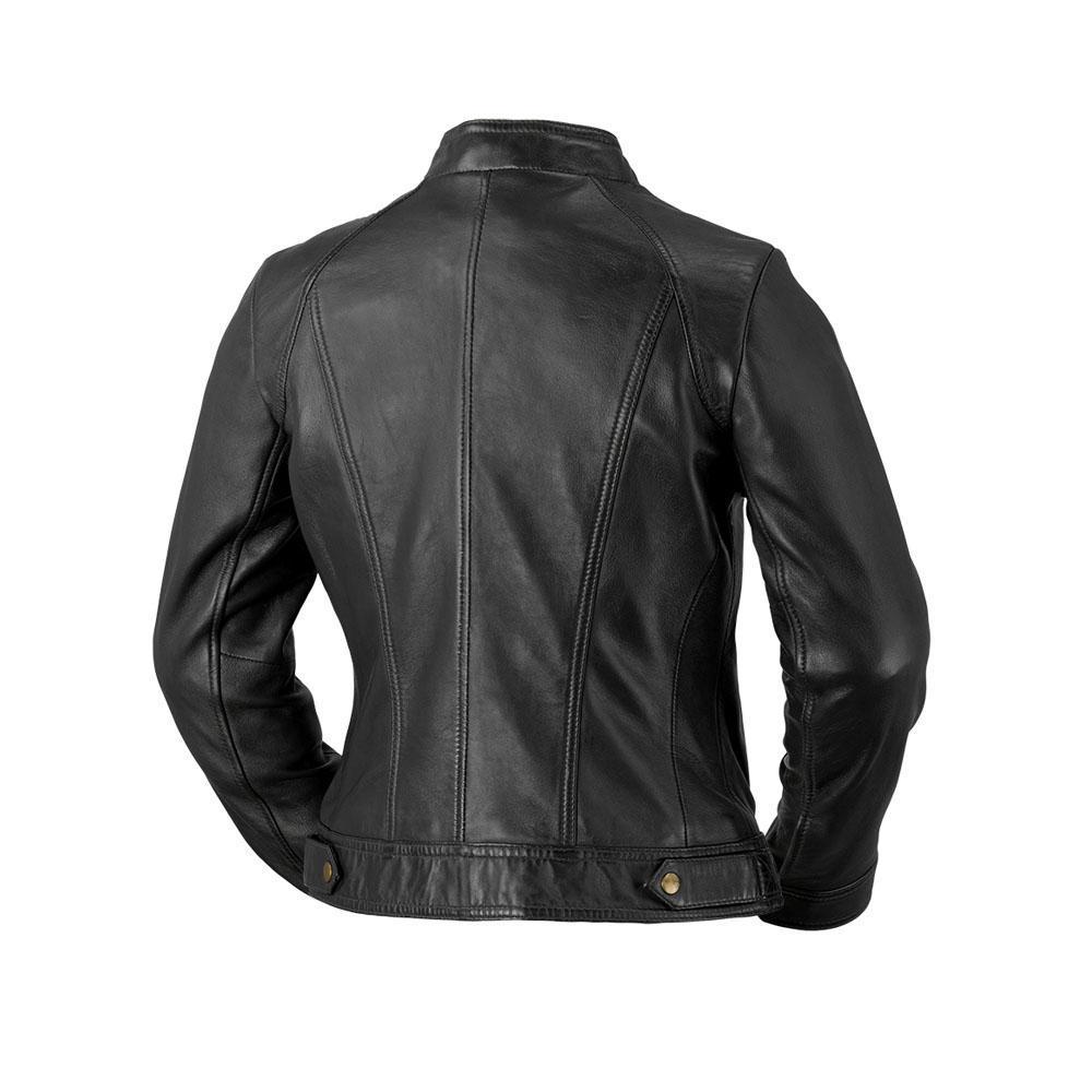 A stylish women's leather jacket made of genuine lambskin, featuring a zipper front, long sleeves with adjustable cuffs, and multiple pockets.