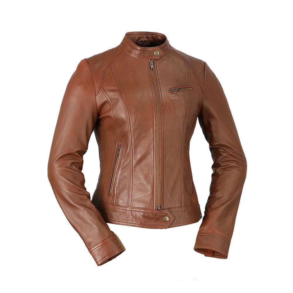 A stylish women's leather jacket made of genuine lambskin, featuring a zipper front, long sleeves with adjustable cuffs, and multiple pockets.