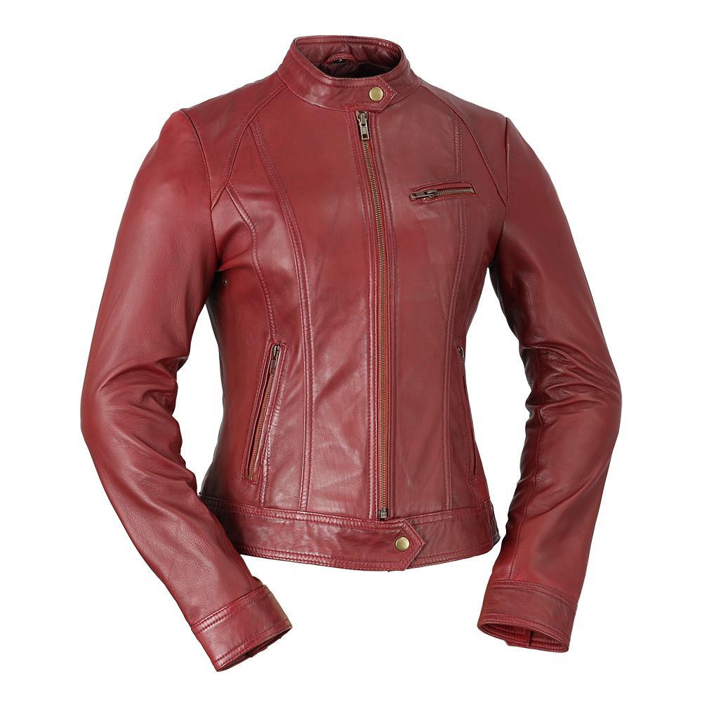 A stylish women's leather jacket made of genuine lambskin, featuring a zipper front, long sleeves with adjustable cuffs, and multiple pockets.