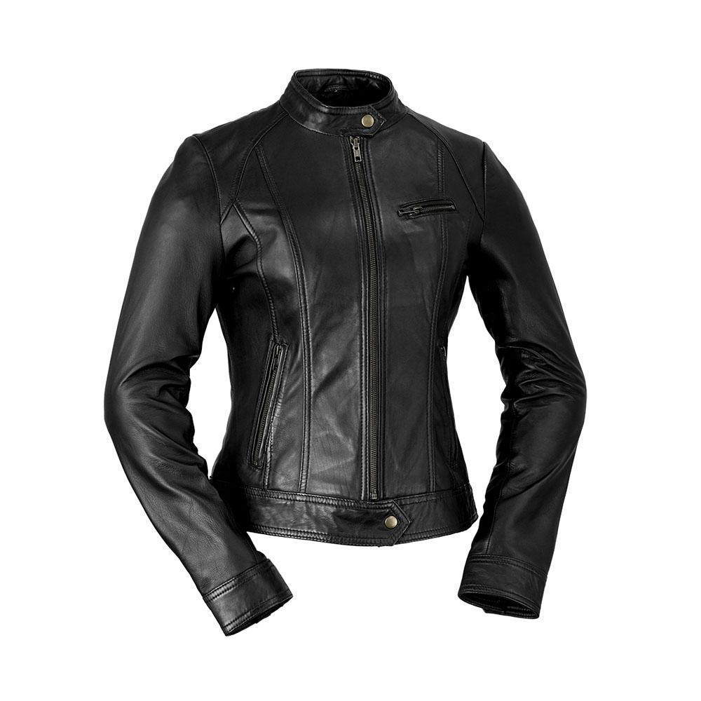 A stylish women's leather jacket made of genuine lambskin, featuring a zipper front, long sleeves with adjustable cuffs, and multiple pockets.