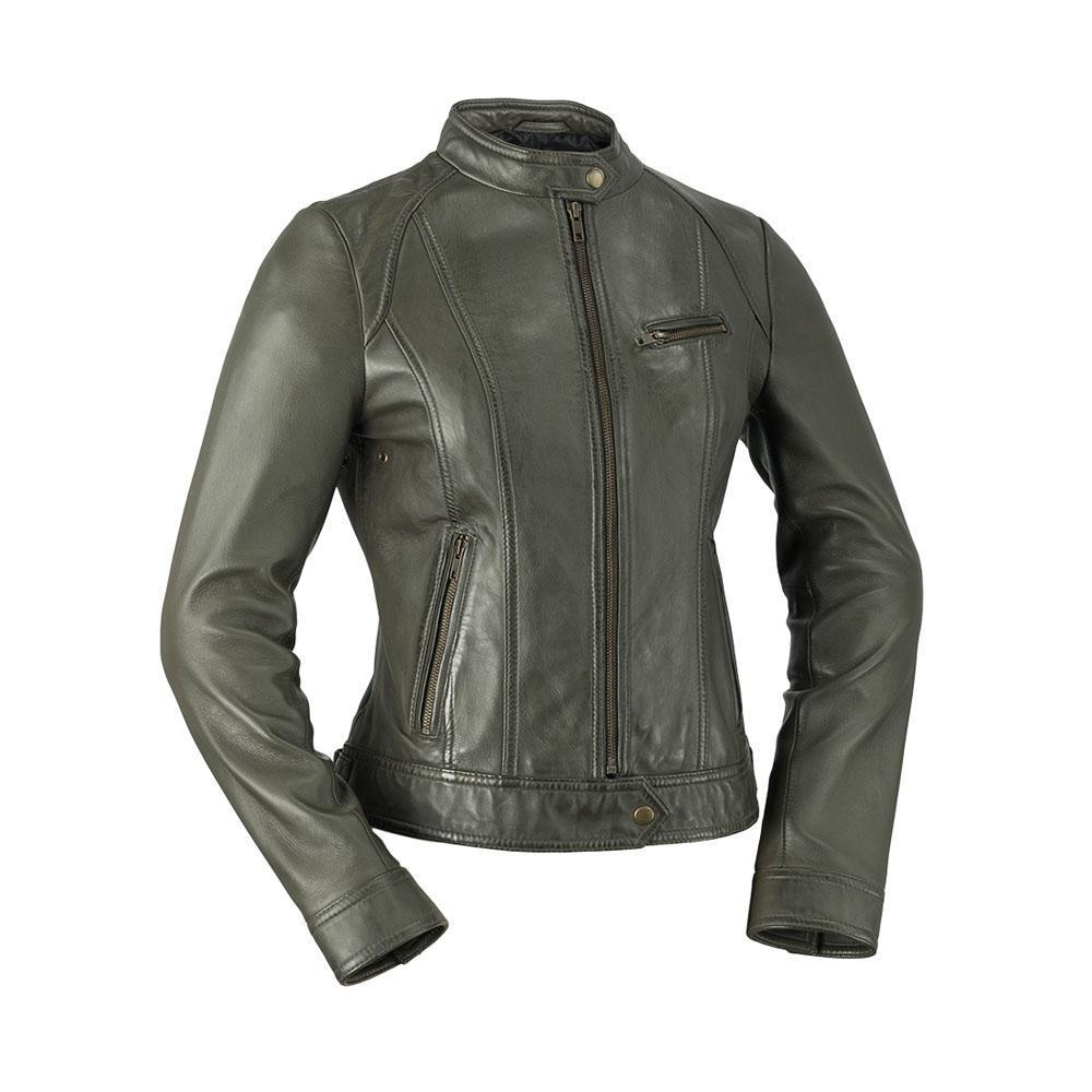 A stylish women's leather jacket made of genuine lambskin, featuring a zipper front, long sleeves with adjustable cuffs, and multiple pockets.