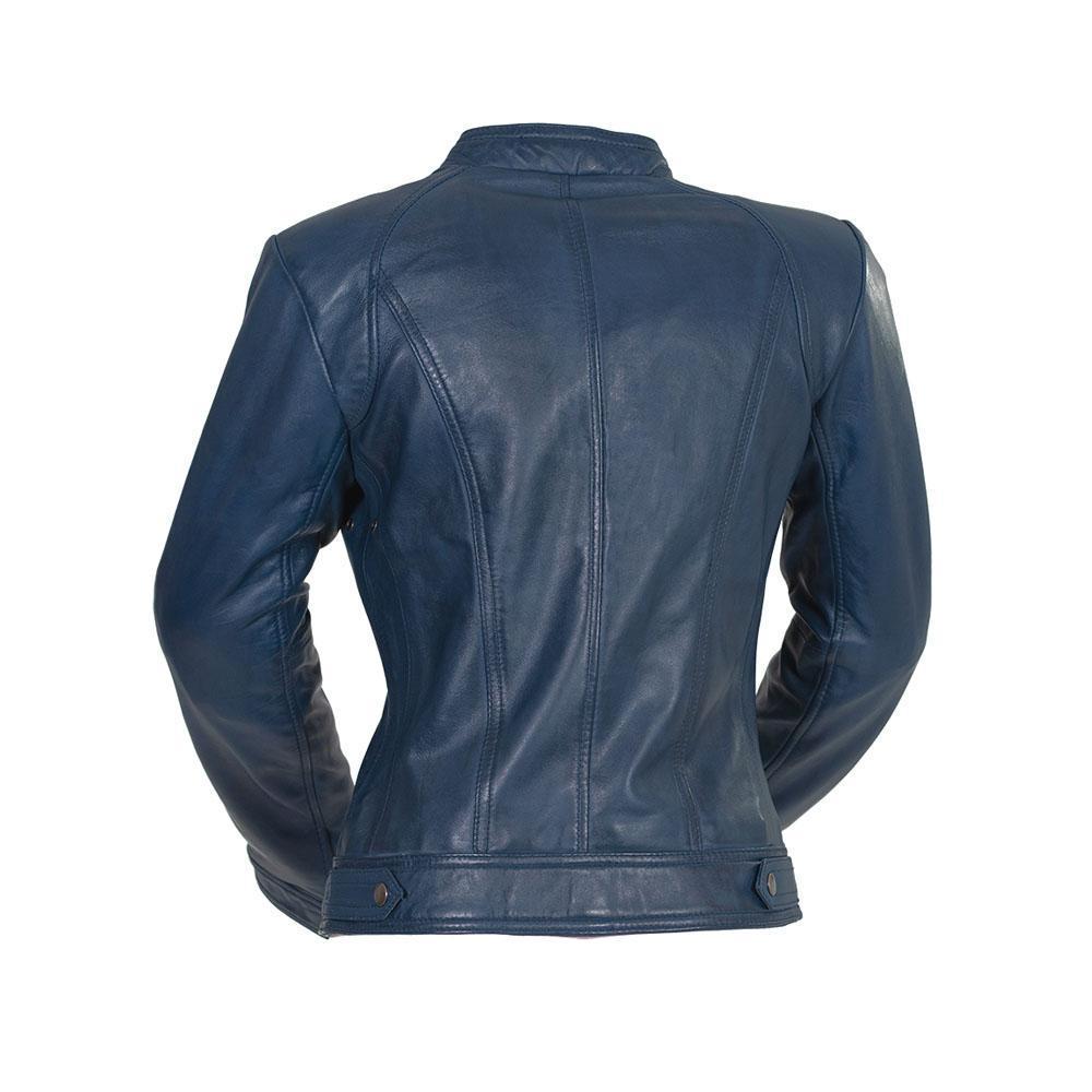 A stylish women's leather jacket made of genuine lambskin, featuring a zipper front, long sleeves with adjustable cuffs, and multiple pockets.