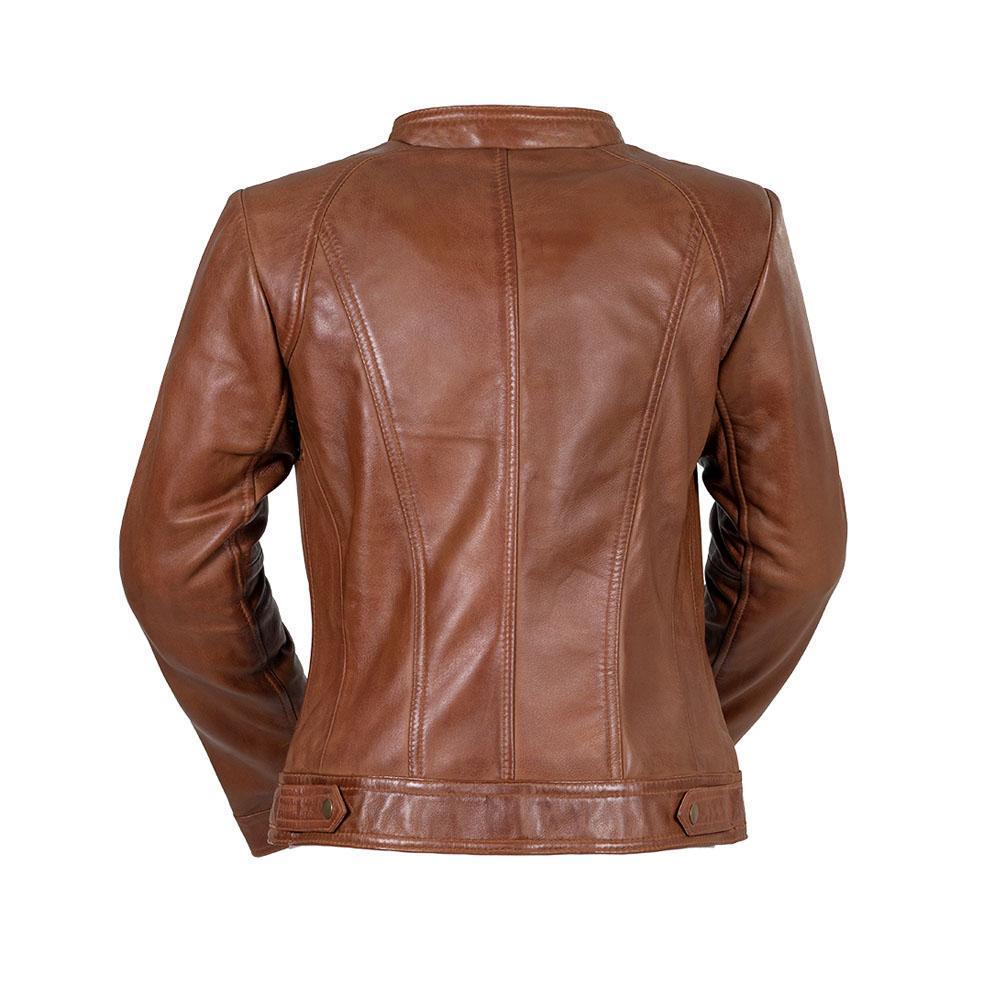 A stylish women's leather jacket made of genuine lambskin, featuring a zipper front, long sleeves with adjustable cuffs, and multiple pockets.