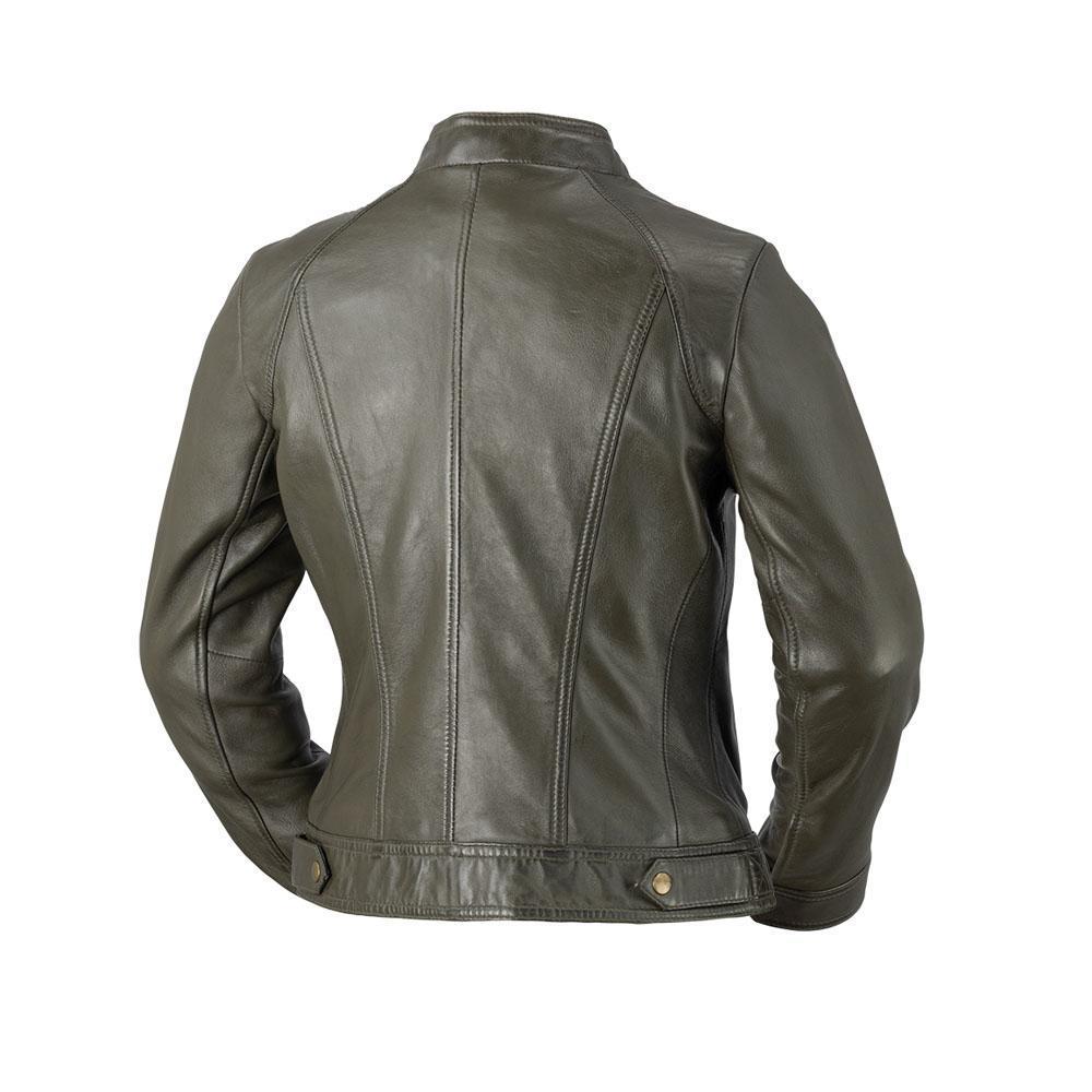 A stylish women's leather jacket made of genuine lambskin, featuring a zipper front, long sleeves with adjustable cuffs, and multiple pockets.