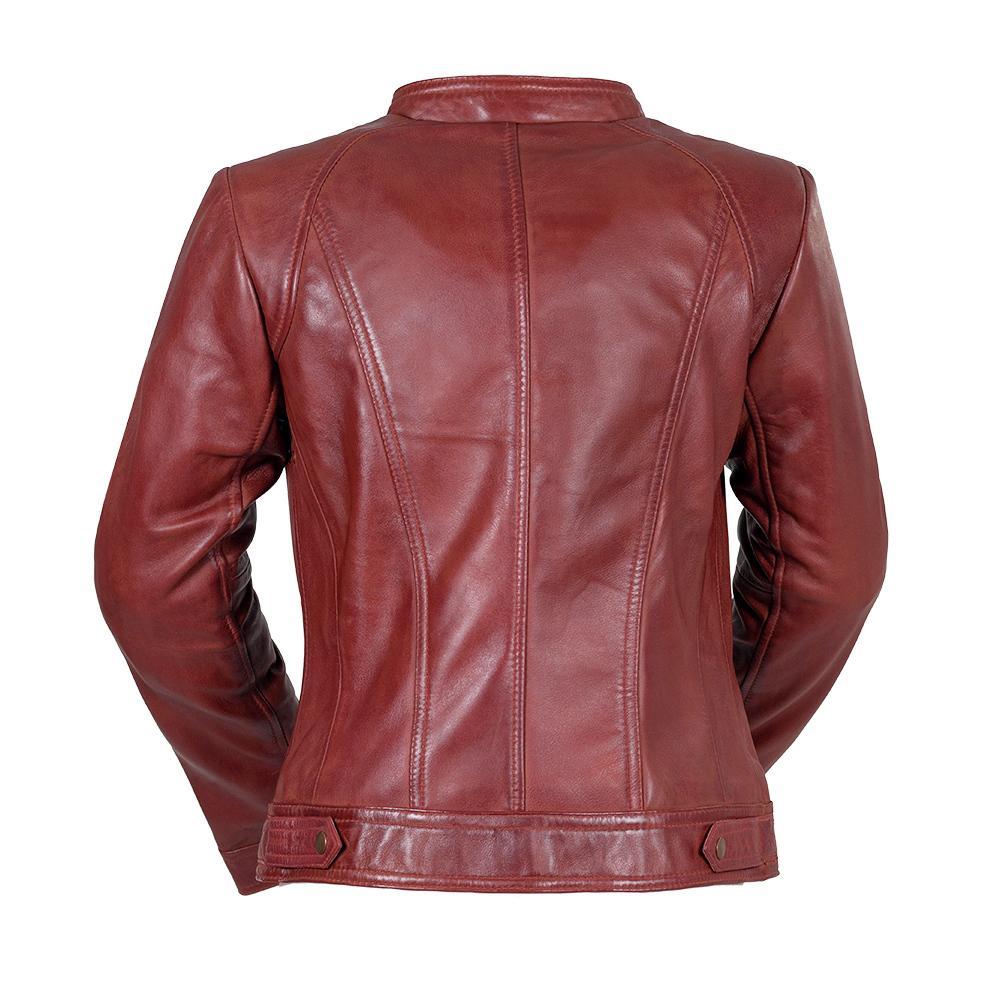 A stylish women's leather jacket made of genuine lambskin, featuring a zipper front, long sleeves with adjustable cuffs, and multiple pockets.