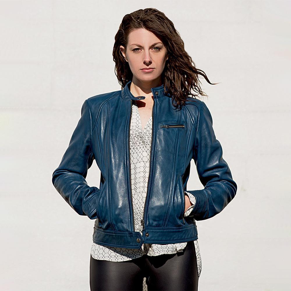 A stylish women's leather jacket made of genuine lambskin, featuring a zipper front, long sleeves with adjustable cuffs, and multiple pockets.