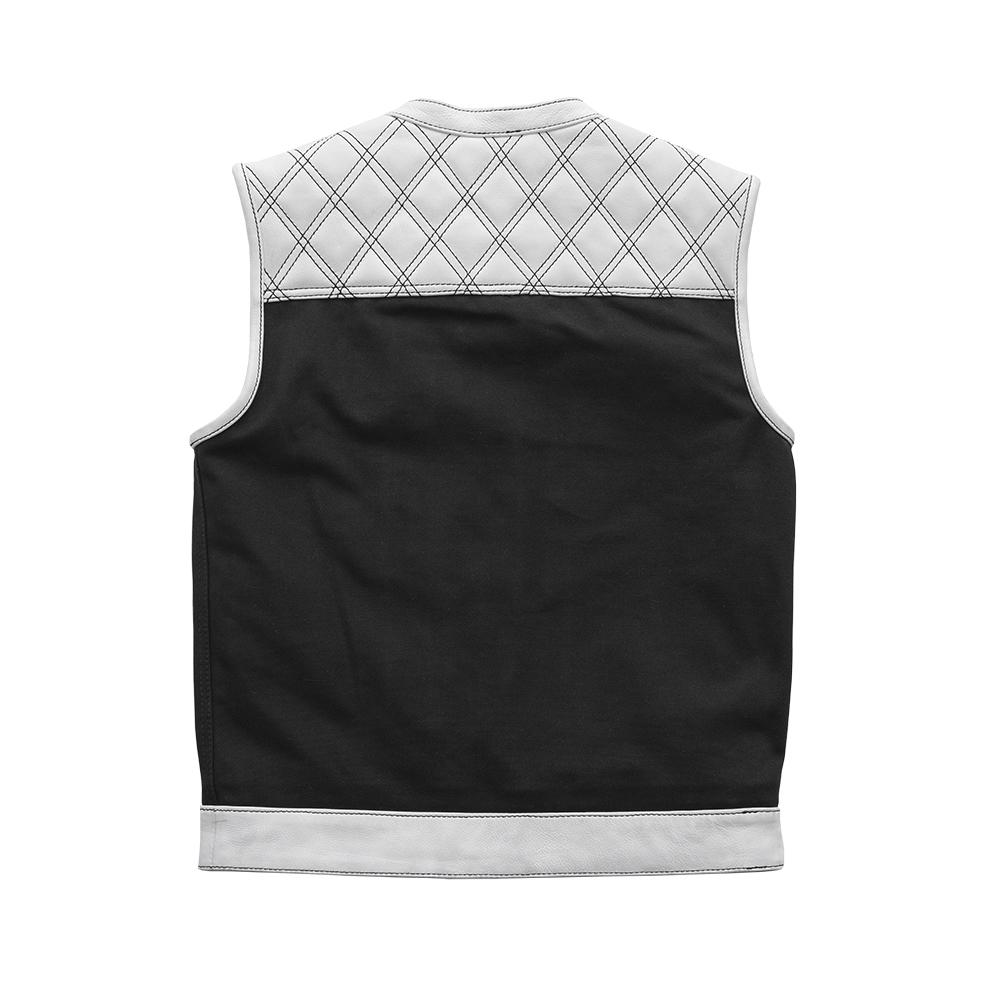 Felix Men's Club Style Leather/Canvas Vest featuring a quilted top, black canvas body, and white leather accents.