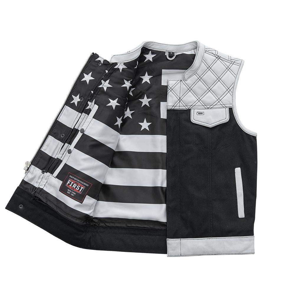 Felix Men's Club Style Leather/Canvas Vest featuring a quilted top, black canvas body, and white leather accents.