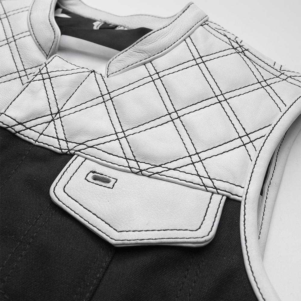 Felix Men's Club Style Leather/Canvas Vest featuring a quilted top, black canvas body, and white leather accents.