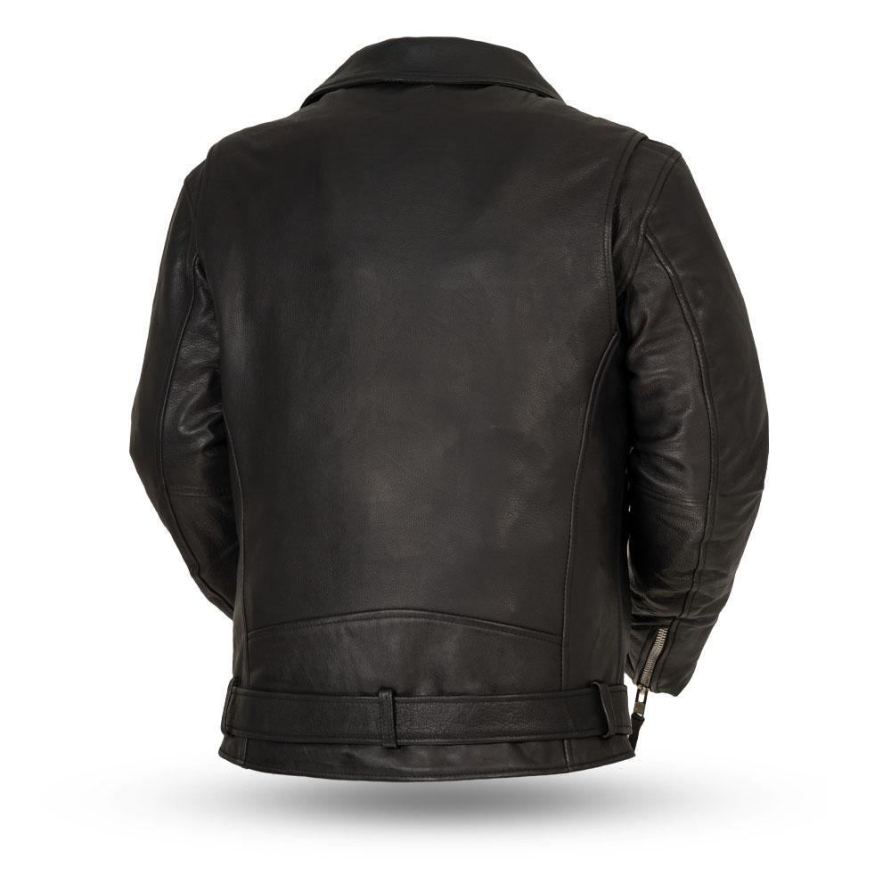 Fillmore Men's Leather Motorcycle Jacket in black, showcasing its stylish design and multiple pockets.