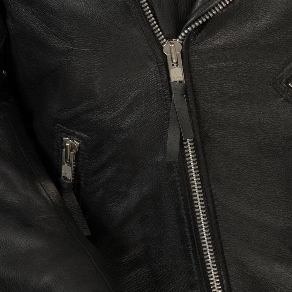 Fillmore Men's Leather Motorcycle Jacket in black, showcasing its stylish design and multiple pockets.