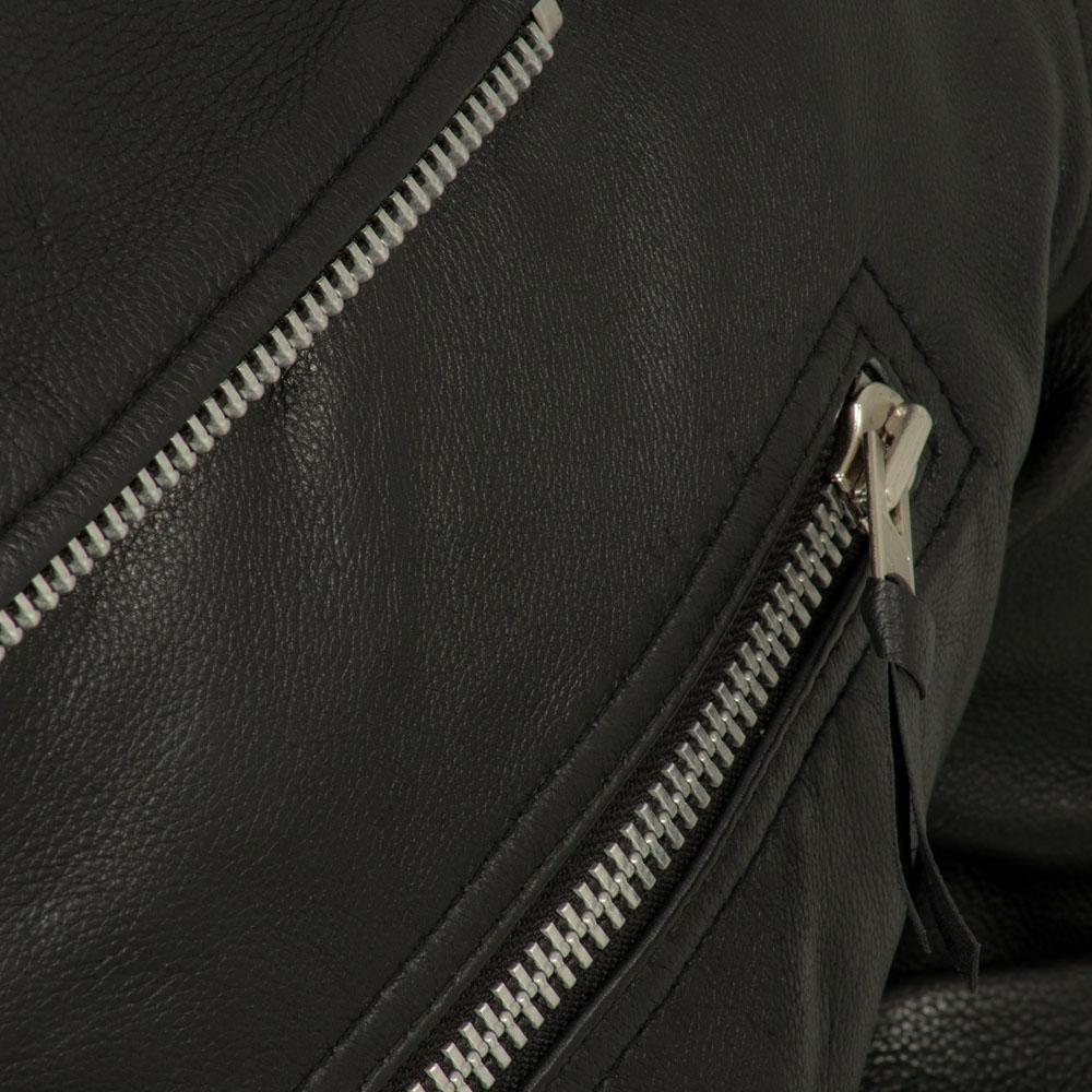 Fillmore Men's Leather Motorcycle Jacket in black, showcasing its stylish design and multiple pockets.