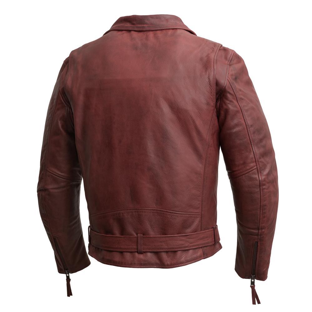 Fillmore Men's Leather Motorcycle Jacket in Oxblood, featuring asymmetrical zipper and snap-down collar.