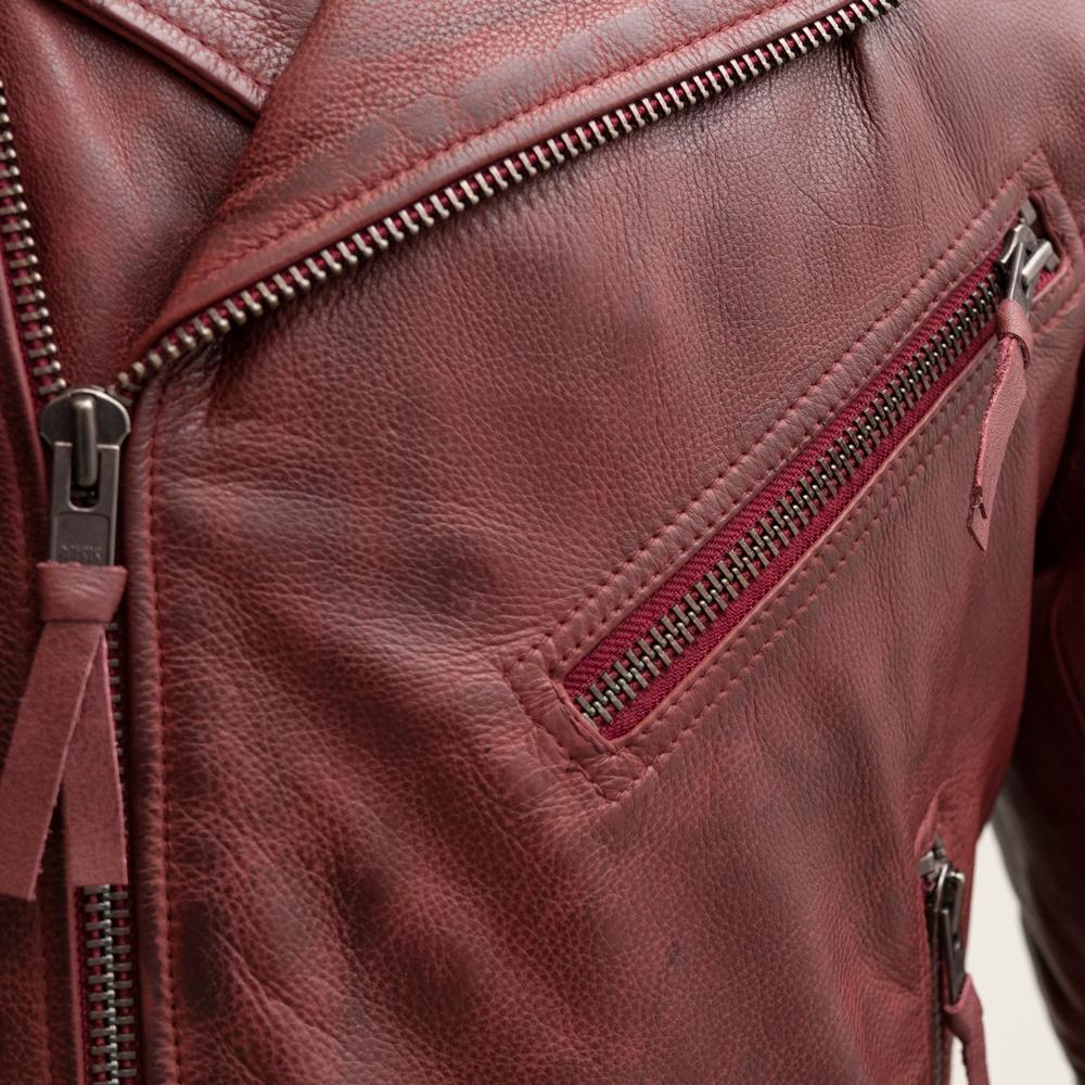 Fillmore Men's Leather Motorcycle Jacket in Oxblood, featuring asymmetrical zipper and snap-down collar.