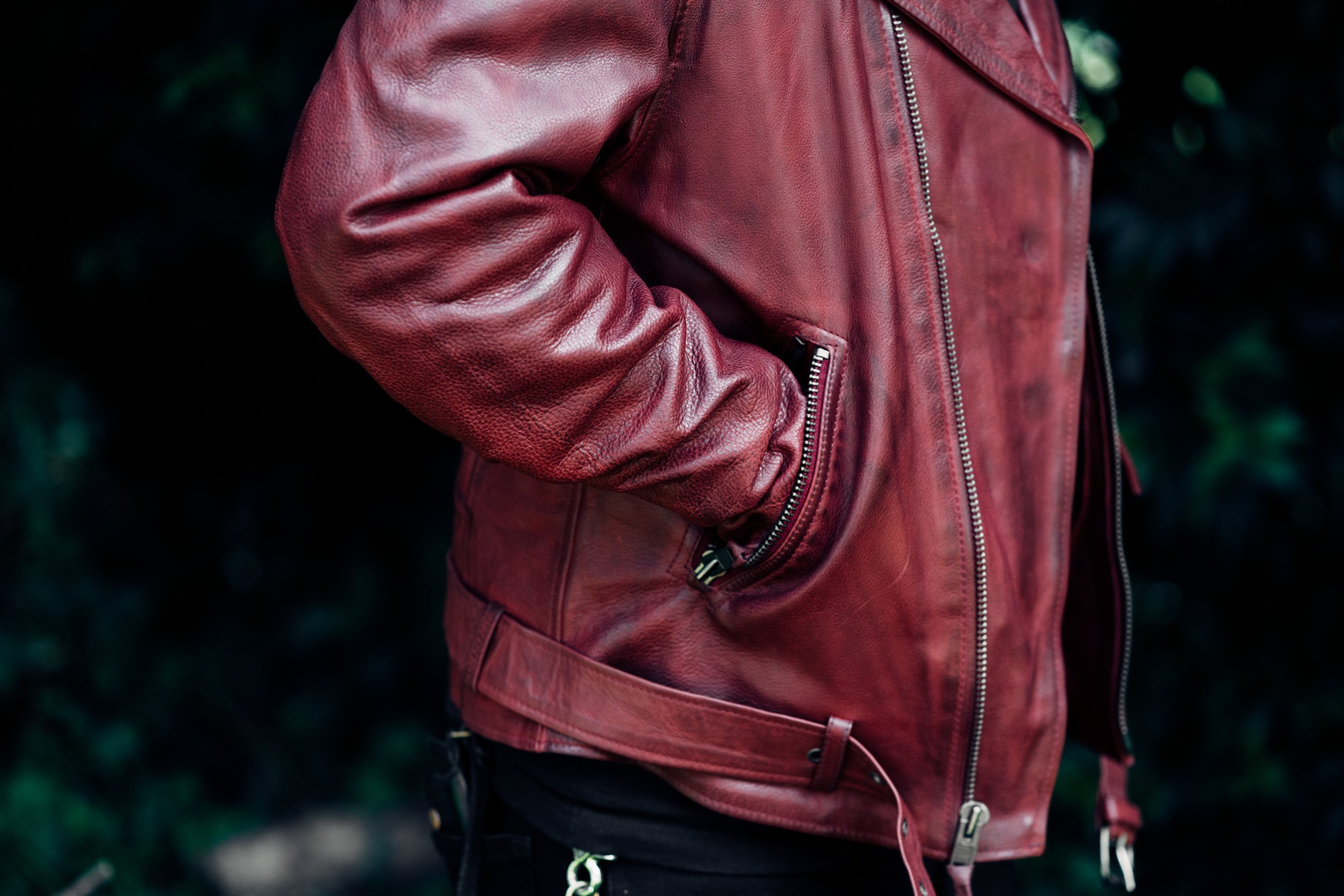 Fillmore Men's Leather Motorcycle Jacket in Oxblood, featuring asymmetrical zipper and snap-down collar.