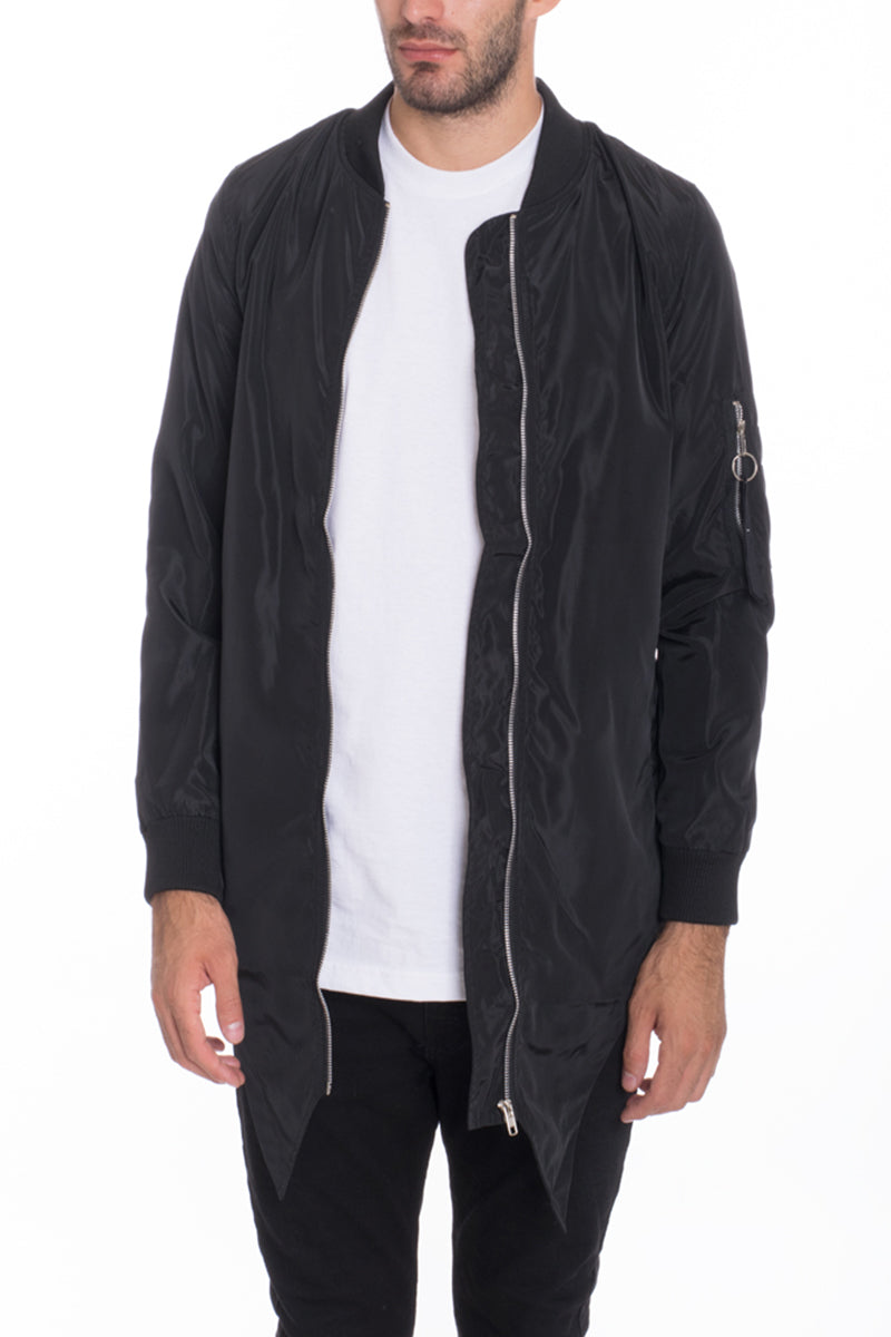 A stylish Fishtail Bomber jacket featuring an extended mid-slit tail, standard collar, and zipper, with side slant pockets and an inner chest pocket.