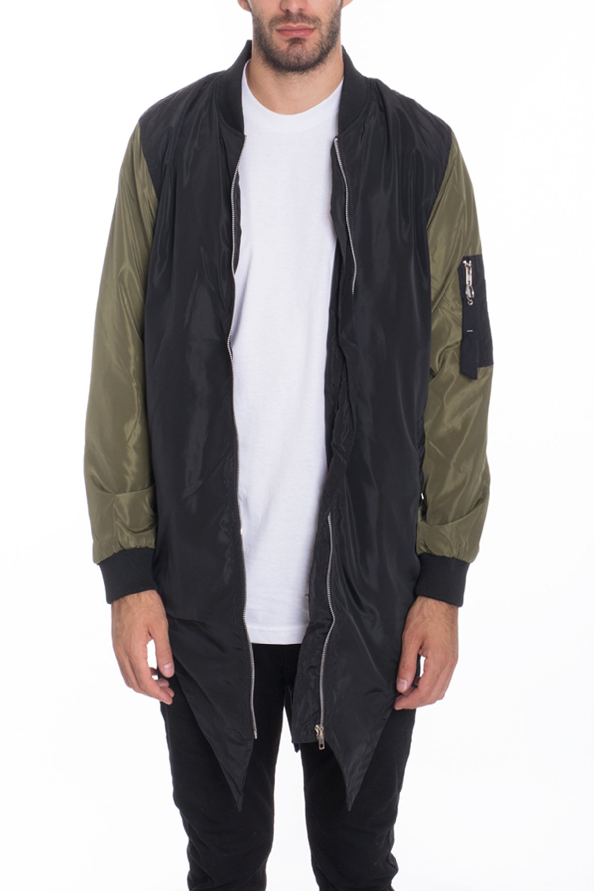 A lightweight Fishtail Bomber windbreaker jacket featuring an extended mid-slit tail, full zip closure, and multiple pockets, displayed on a model.