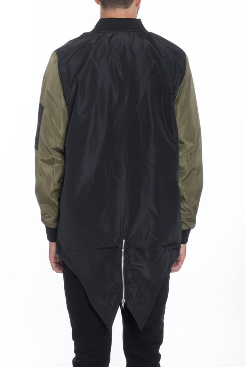 A lightweight Fishtail Bomber windbreaker jacket featuring an extended mid-slit tail, full zip closure, and multiple pockets, displayed on a model.