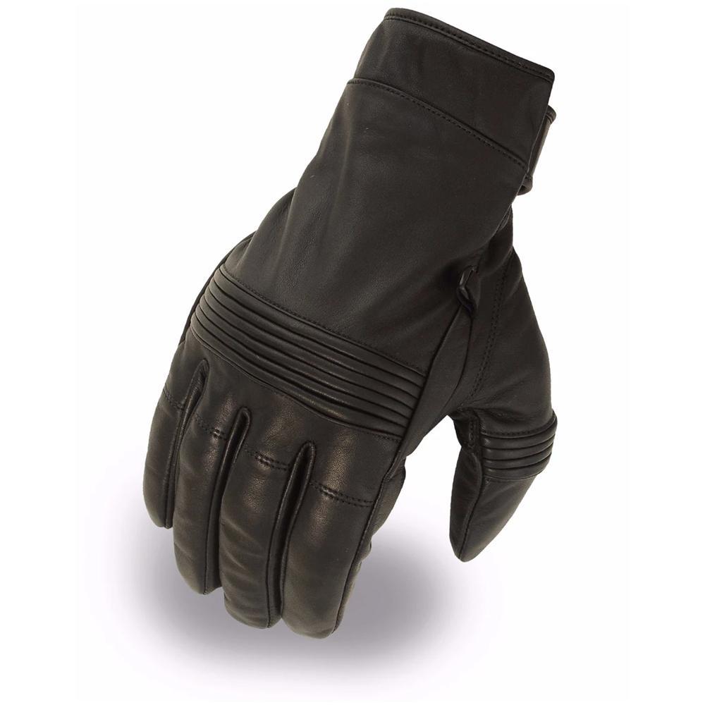 Flat Track men's motorcycle leather gloves showcasing waterproof design and stretch knuckles for flexibility.