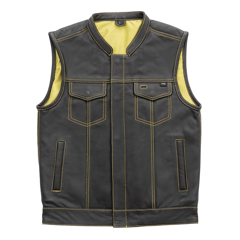 Gadsden Men's Club Style Leather Vest featuring premium cowhide, yellow stitching, and Gadsden Flag inner lining.