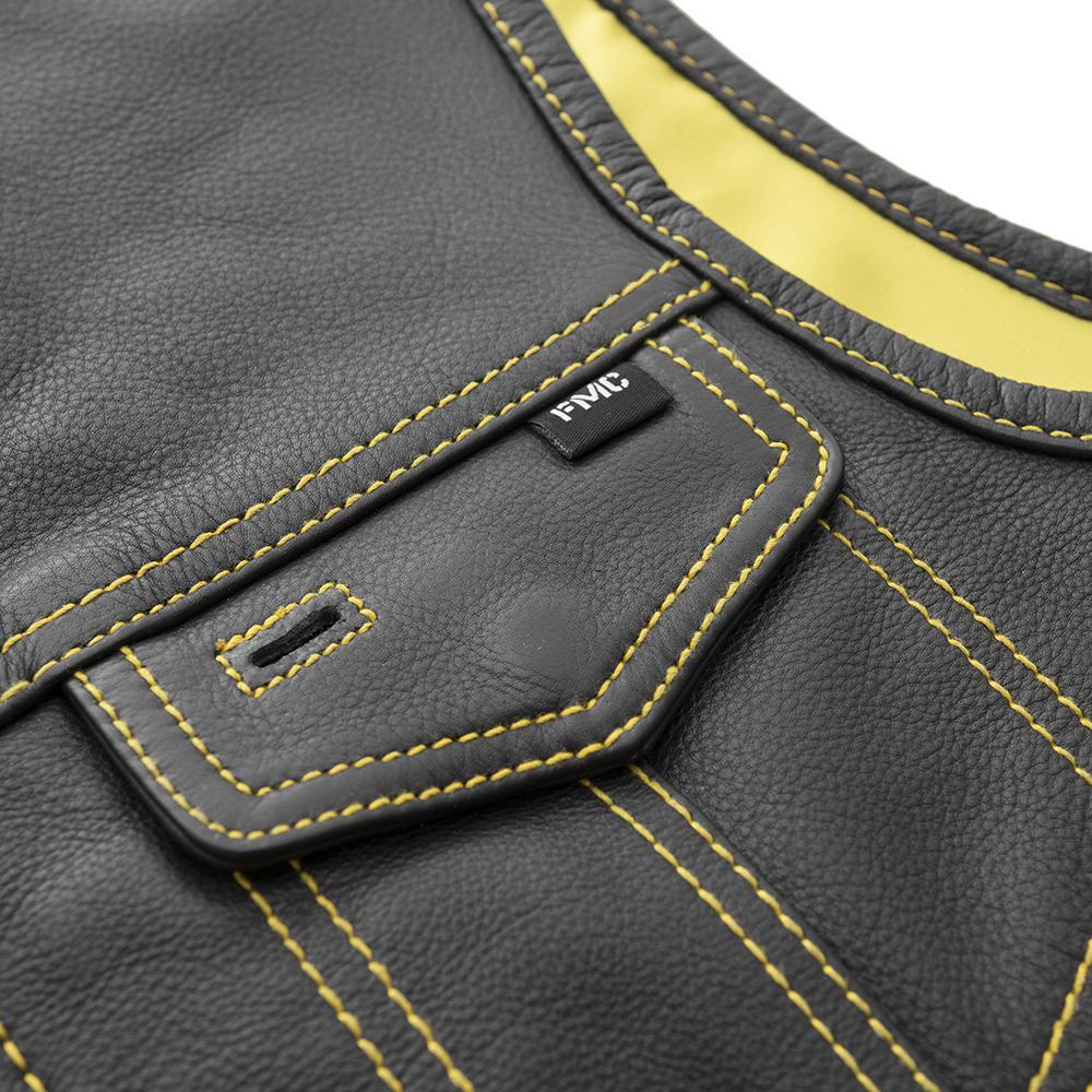 Gadsden Men's Club Style Leather Vest featuring premium cowhide, yellow stitching, and Gadsden Flag inner lining.