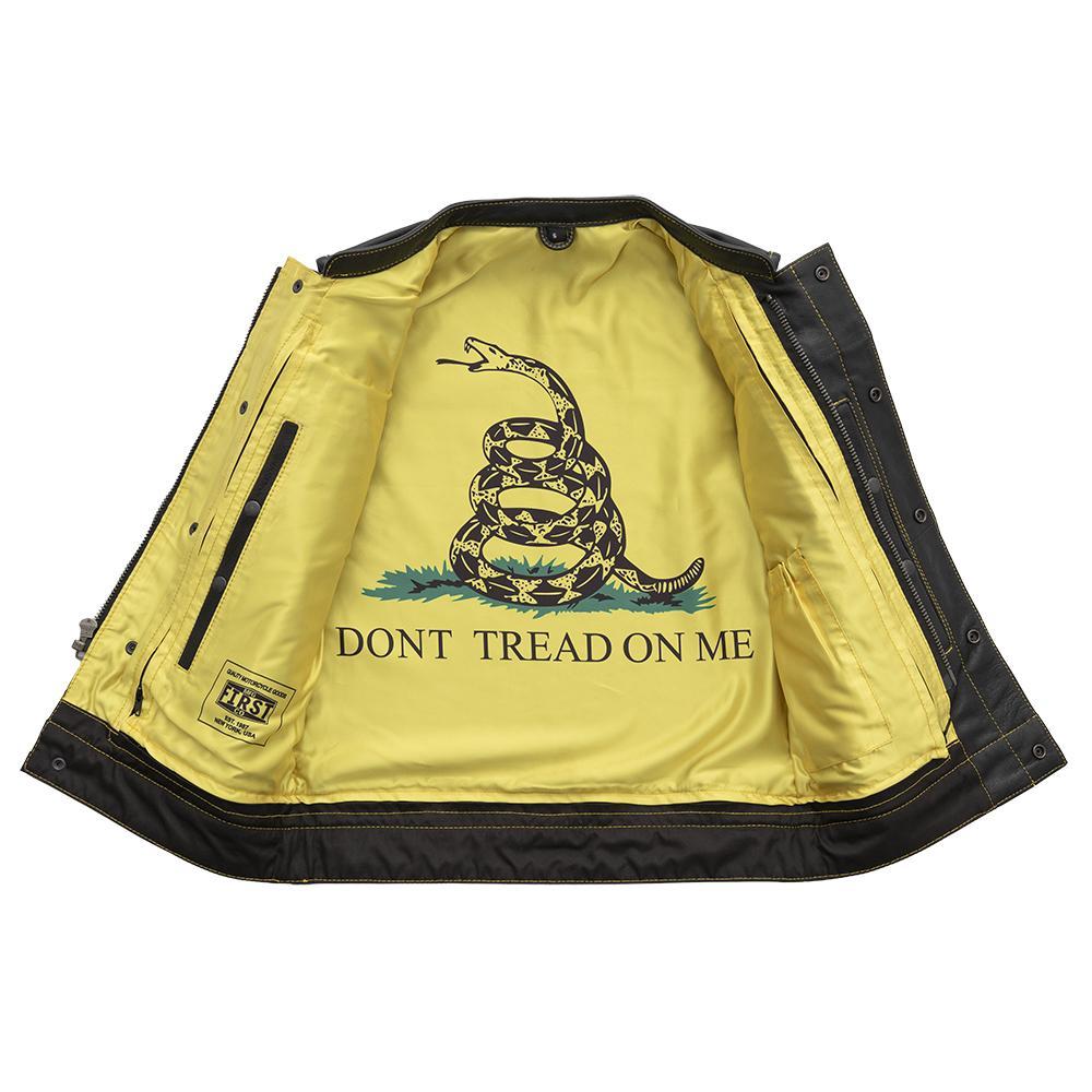 Gadsden Men's Club Style Leather Vest featuring premium cowhide, yellow stitching, and Gadsden Flag inner lining.