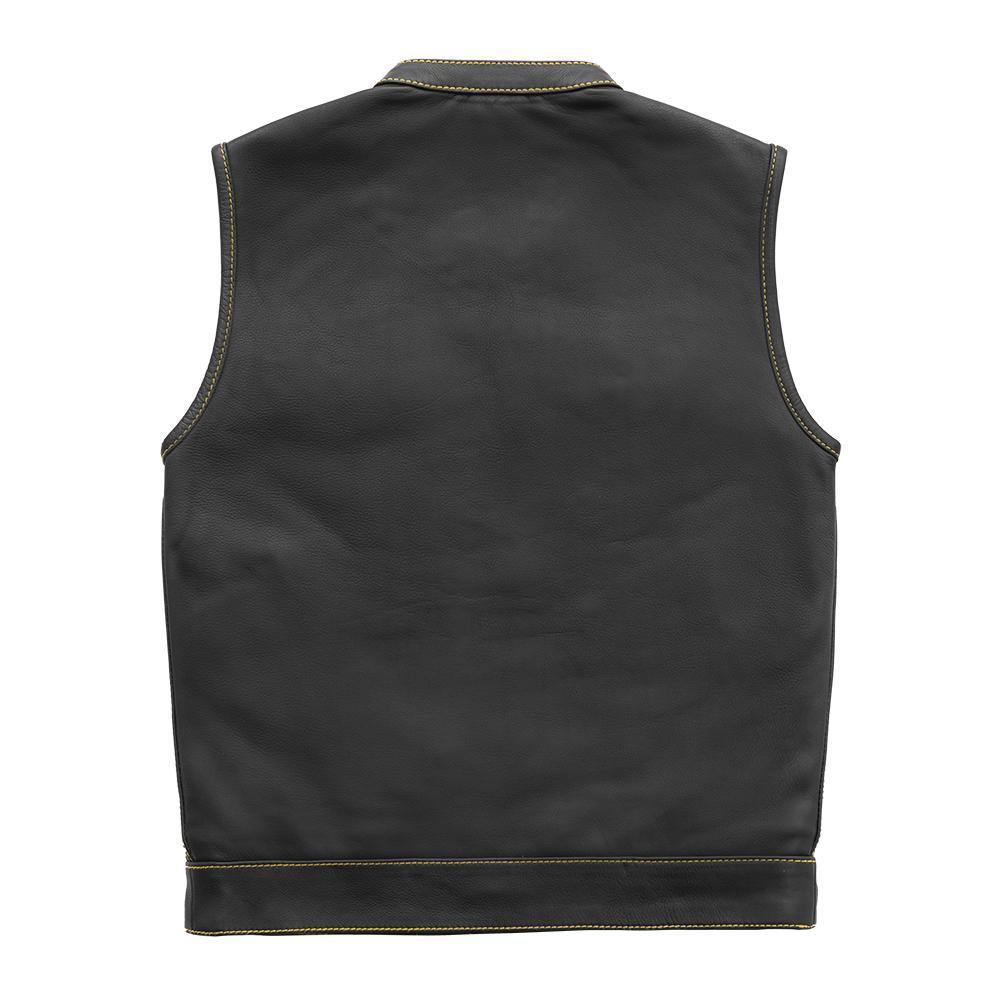 Gadsden Men's Club Style Leather Vest featuring premium cowhide, yellow stitching, and Gadsden Flag inner lining.