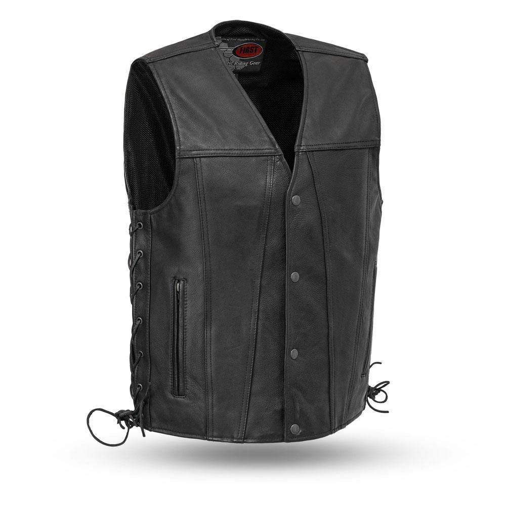 Gambler Men's Leather Motorcycle Vest made from premium cowhide with a classic design and multiple pockets.