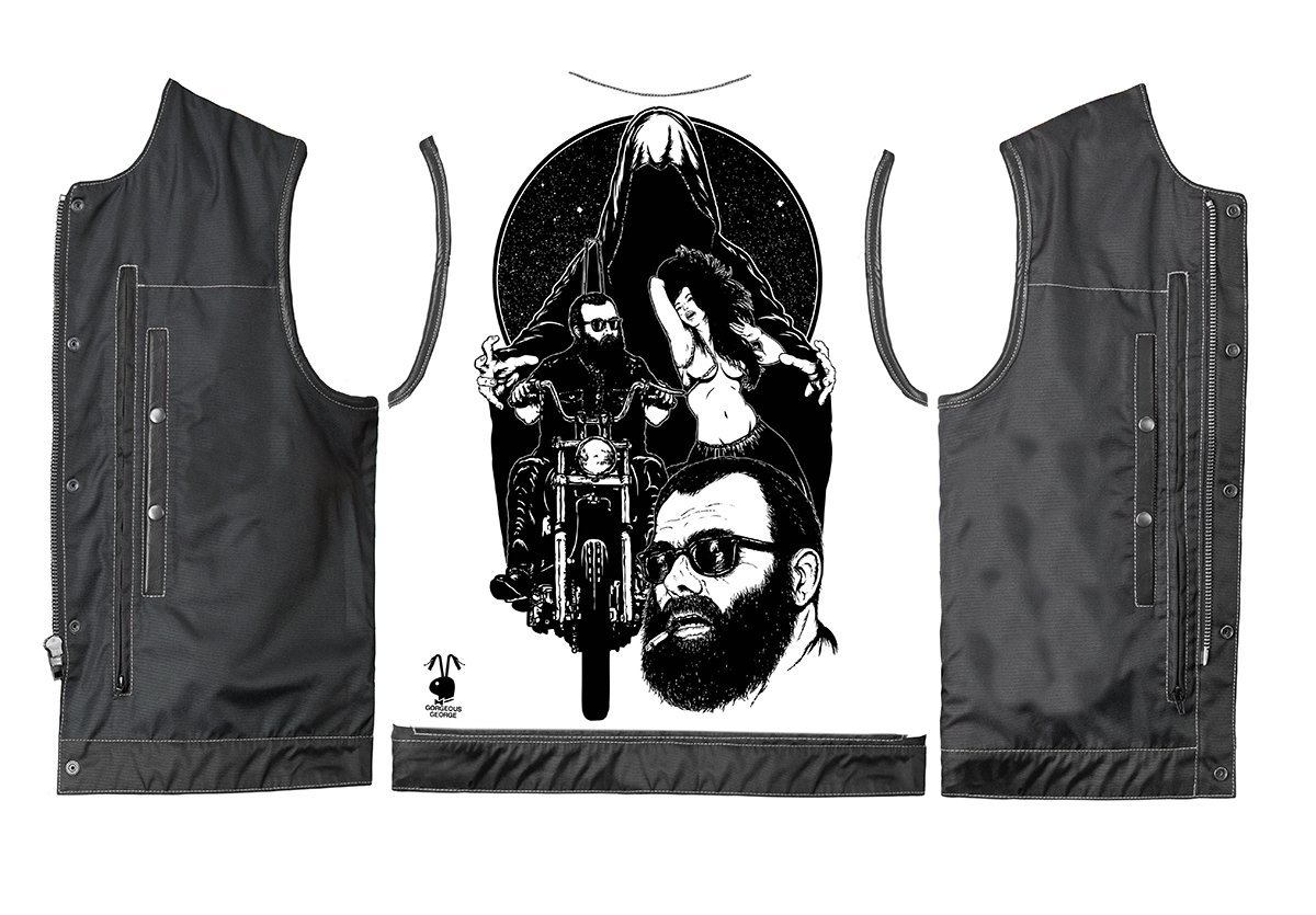 George Jeffreys Custom Vest featuring high-quality black-and-white illustrations, concealed carry pockets, and durable YKK zippers.