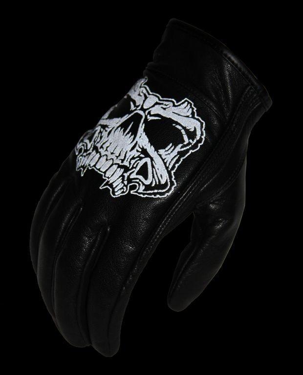 Ghost Men's Motorcycle Leather Gloves made from aniline goatskin leather with reflective skull design and gel palm.