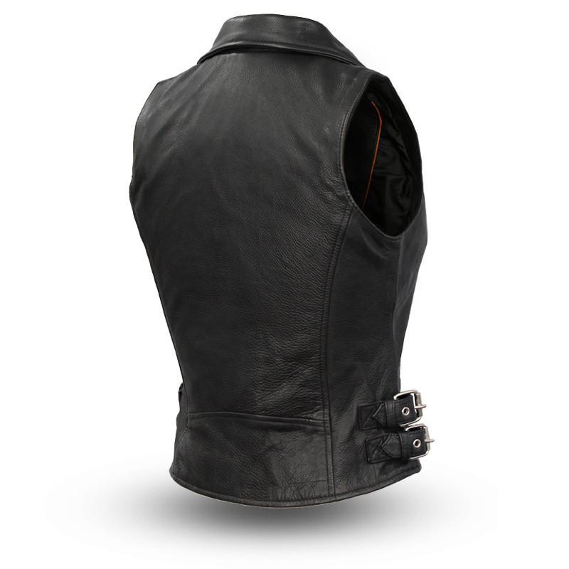 Goddess Women's Motorcycle Leather Vest featuring soft naked cowhide leather, stylish zippers, and a sleek design.