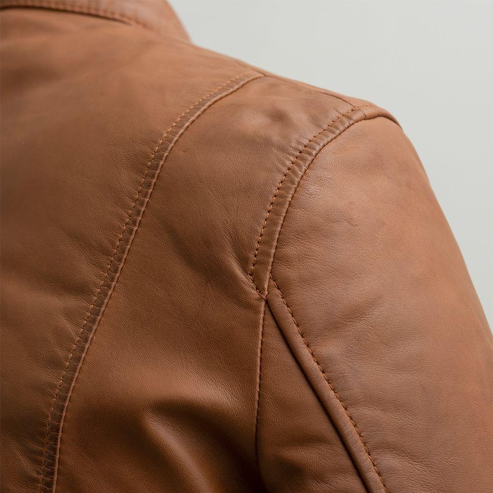 Grayson Dark Cognac leather jacket featuring a geometric kidney belt and zip sleeves, showcasing its luxurious lambskin material.