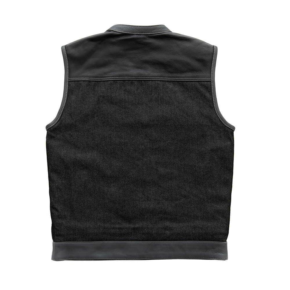 Guardian Men's Club Style Leather and Denim Vest featuring black leather shoulders and charcoal denim torso with concealed carry pockets.