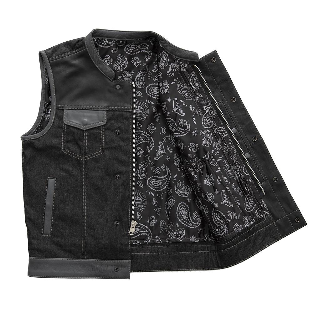 Guardian Men's Club Style Leather and Denim Vest featuring black leather shoulders and charcoal denim torso with concealed carry pockets.