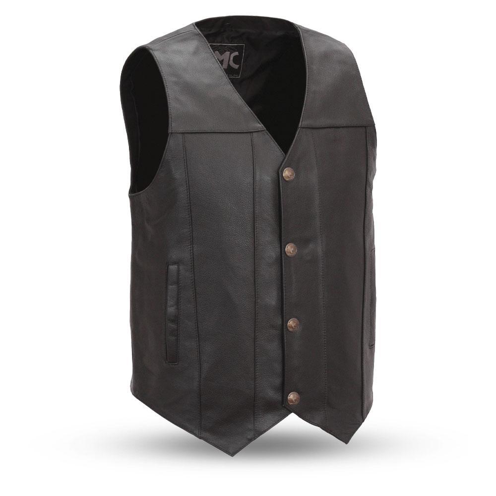 Gun Runner Men's Leather Western Vest featuring a v-neck design, buffalo nickel snap front, and concealed carry pockets.