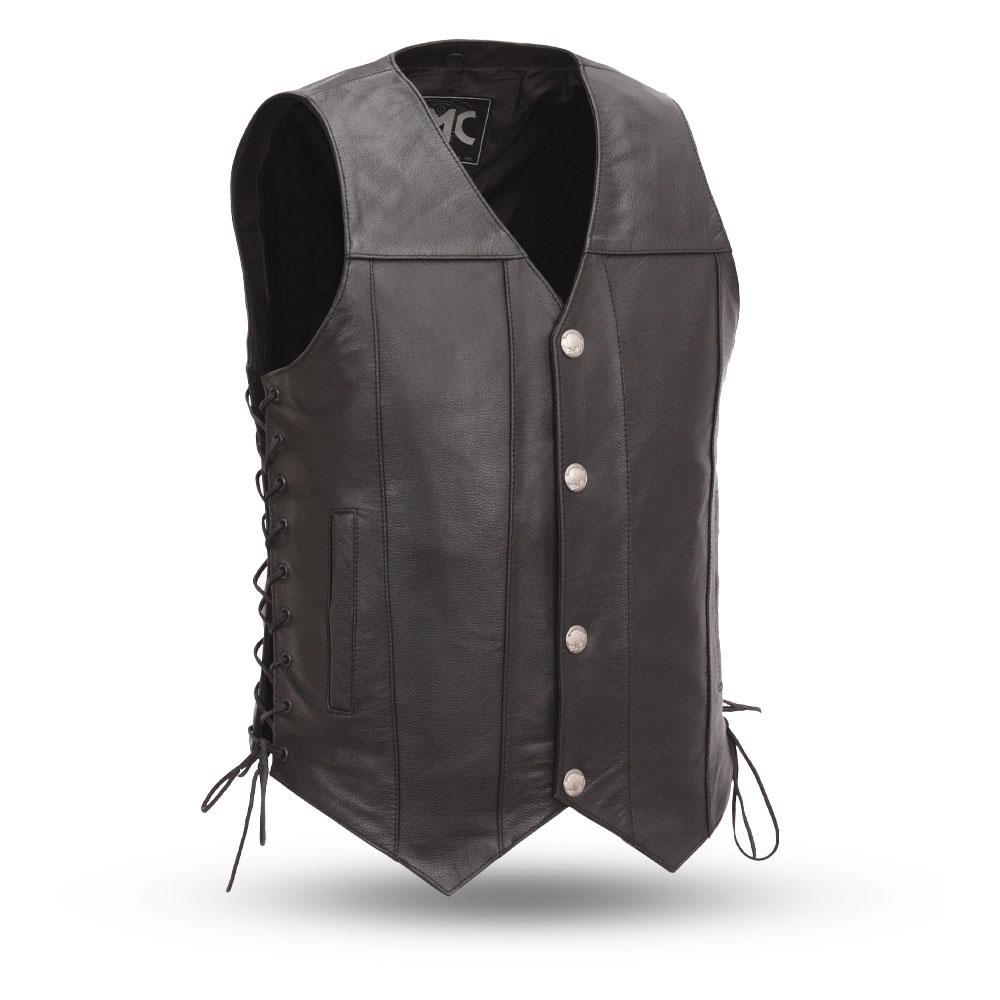 Gun Slinger Men's Leather Western Vest featuring a v-neck design, buffalo nickel snaps, and concealed carry pockets.