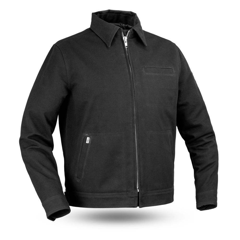 Hanover Men's Canvas Motorcycle Jacket featuring a center zipper, multiple pockets, and a quilted liner, designed for style and durability.