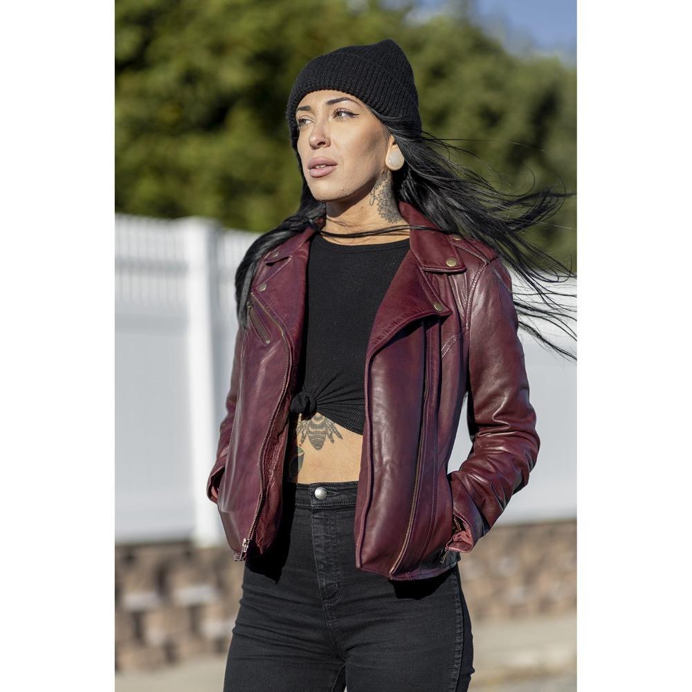 Harper Oxblood leather motorcycle jacket with asymmetrical zipper and multiple pockets, showcasing a stylish biker design.