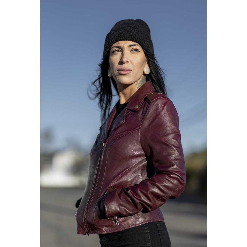 Harper Oxblood leather motorcycle jacket with asymmetrical zipper and multiple pockets, showcasing a stylish biker design.