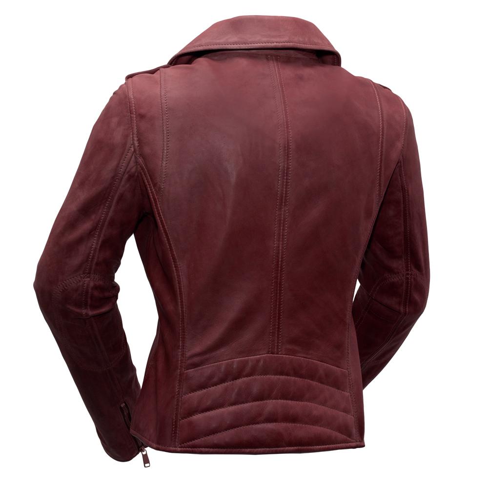 Harper Oxblood leather motorcycle jacket with asymmetrical zipper and multiple pockets, showcasing a stylish biker design.