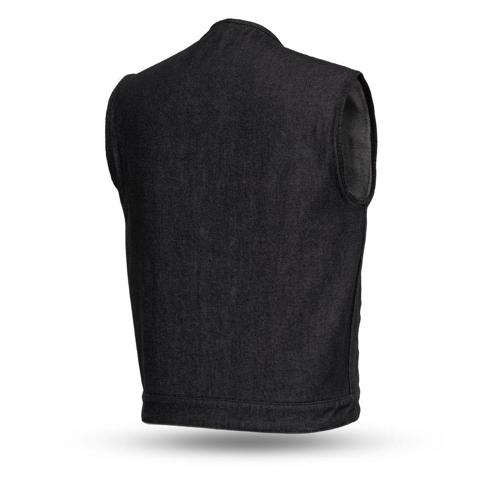 Haywood Black Denim Men's Motorcycle Vest featuring rough neck denim, multiple pockets, and a stylish design.