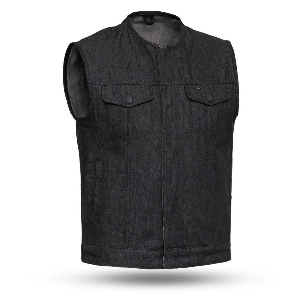 Haywood Black Denim Men's Motorcycle Vest featuring rough neck denim, multiple pockets, and a stylish design.