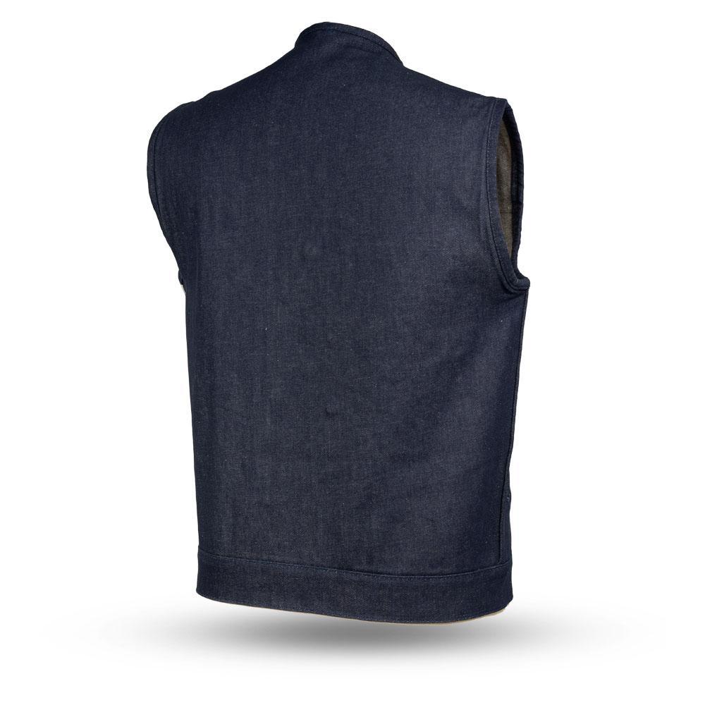 Haywood Men's Blue Denim Motorcycle Vest featuring button snap and zipper closure, multiple pockets, and rugged denim fabric.