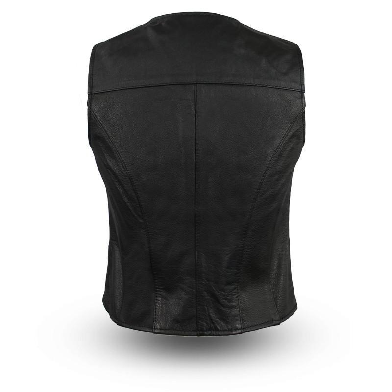 Heiress Women's Motorcycle Leather Vest in classic black, featuring lightweight lambskin leather, side stretch panels, and two outside pockets.