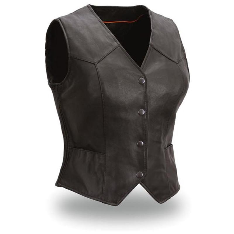 Heiress Women's Motorcycle Leather Vest in classic black, featuring lightweight lambskin leather, side stretch panels, and two outside pockets.