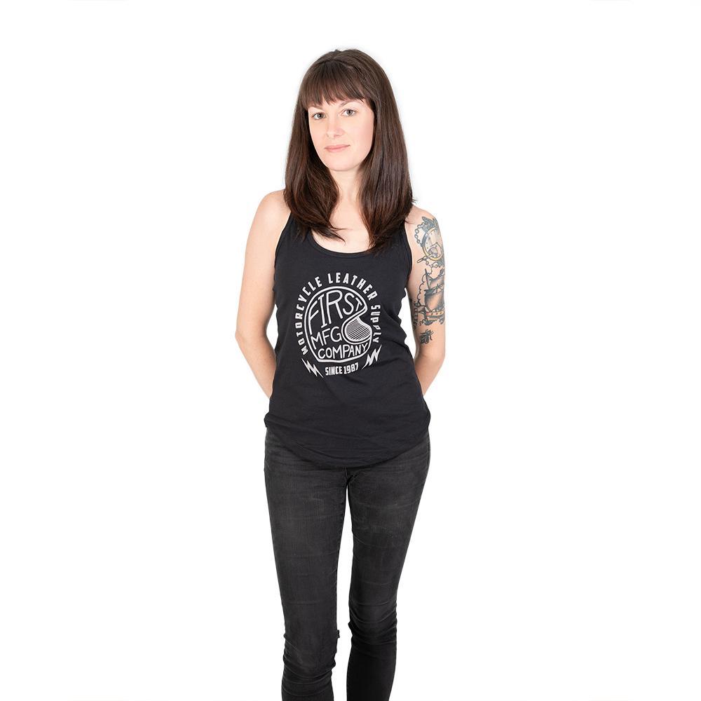 Women's tank top featuring a unique helmet print in black on a white background, made from a soft poly cotton blend.